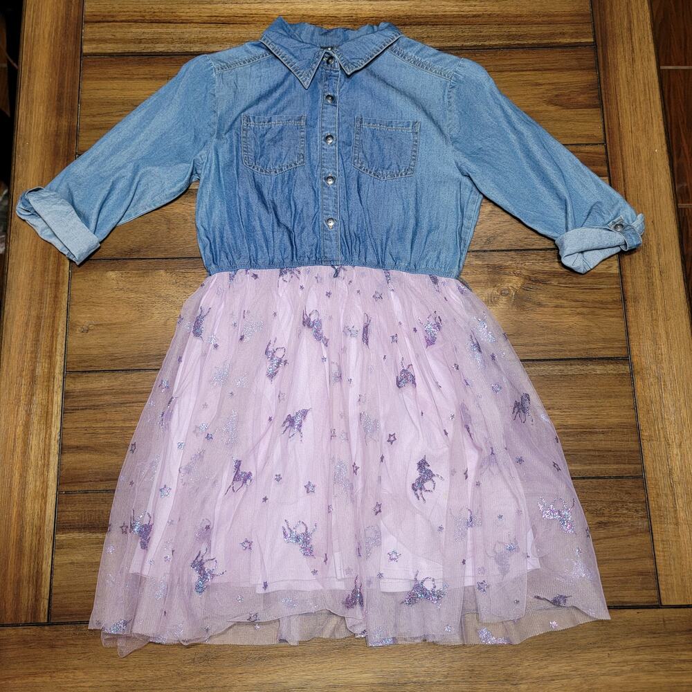 Pink Violet Girls Dress Denim Top Tule Skirt w/ Glitter Unicorns - Size 10